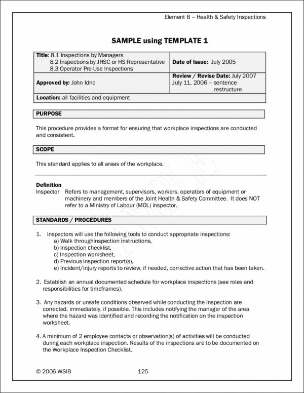 health and safety inspection checklist sample