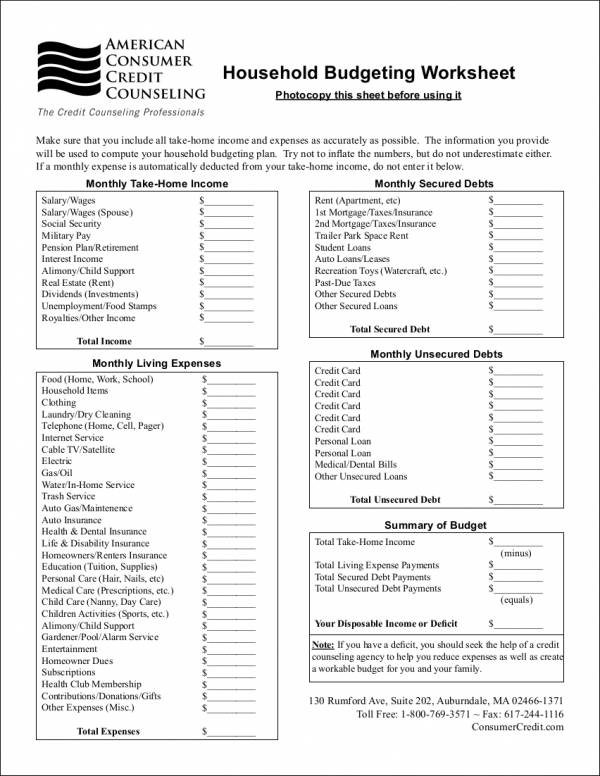 household budget planner worksheet template