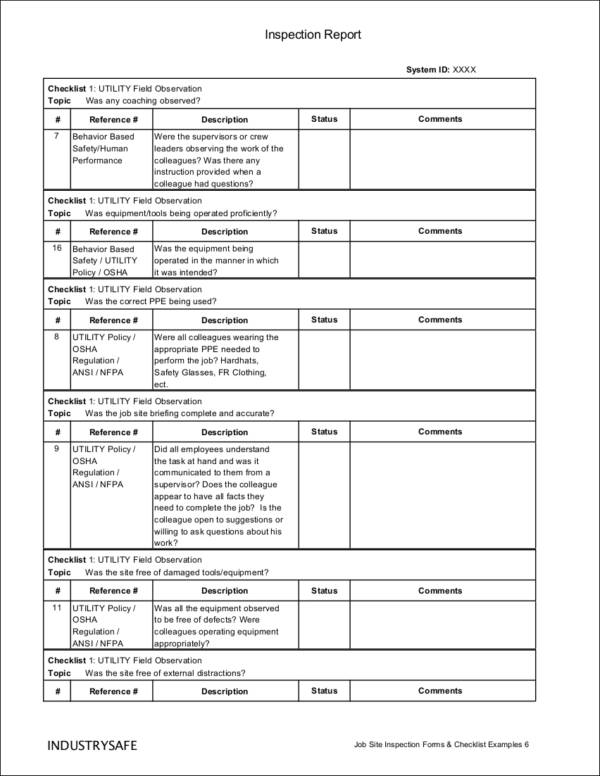 job site inspection checklist sample