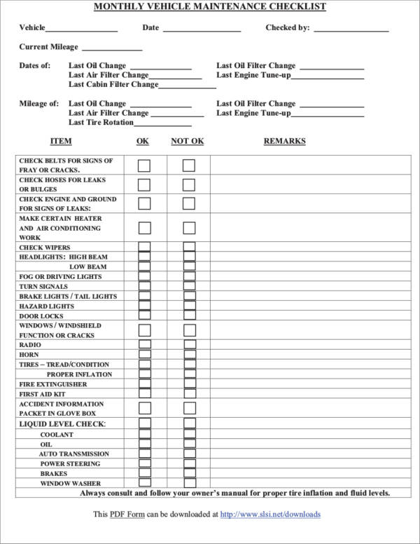 monthly vehicle checklist template