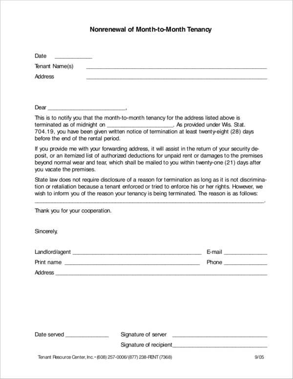 nonrenewal of month to month tenancy renewal notice sample