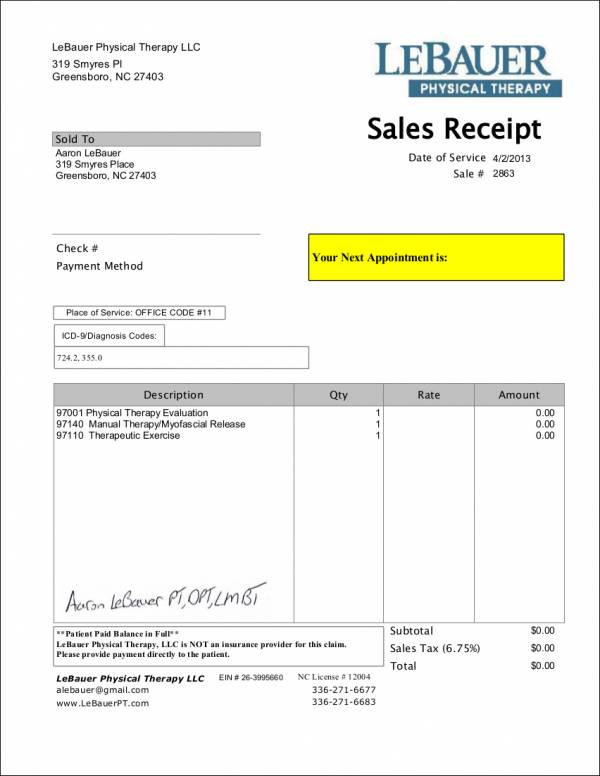 physical therapy clinic sales receipt sample