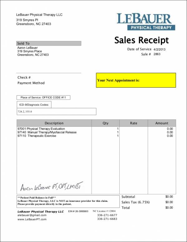 Physical Therapy Receipt Template