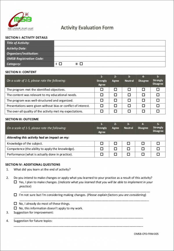 printable activity evaluation form