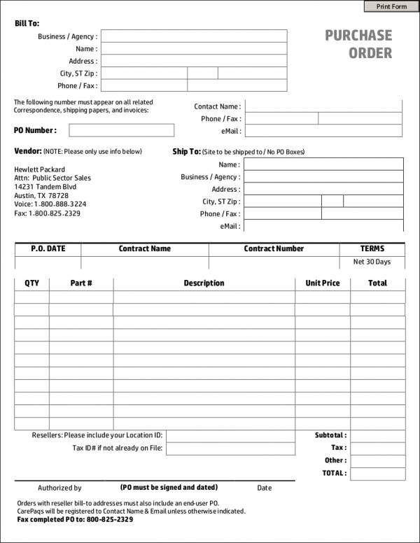 printable purchase order invoice template