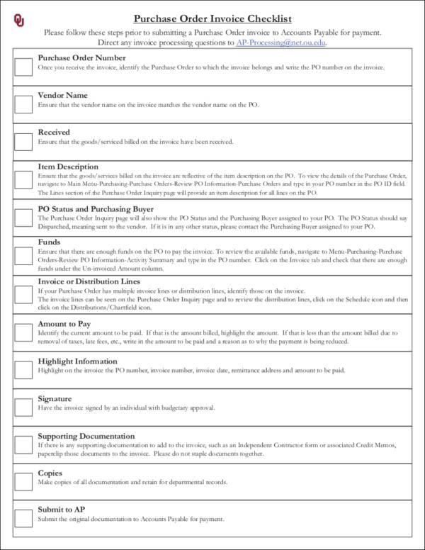 purchase order invoice checklist sample
