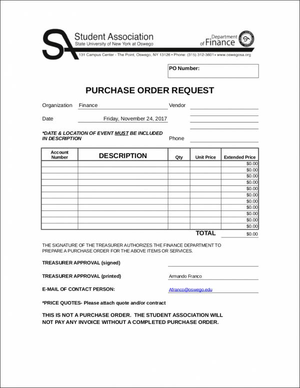 purchase order request form sample