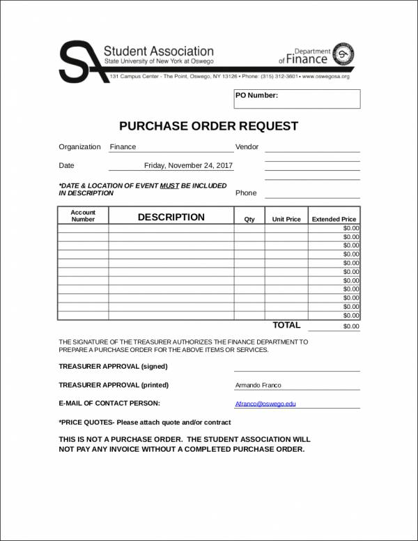 Purchase Order Request Form Template