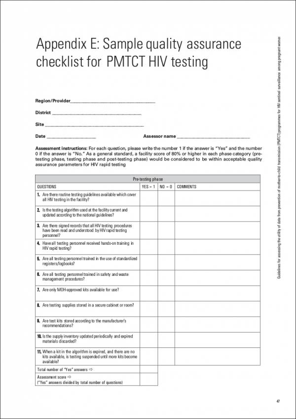 quality assurance checklist template for pmtct hiv testing