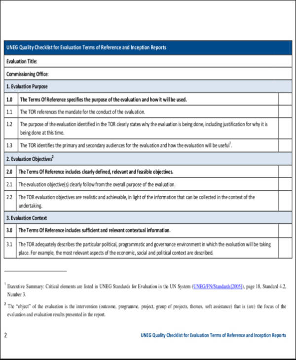 quality checklist template for evaluation terms of reference and inception reports