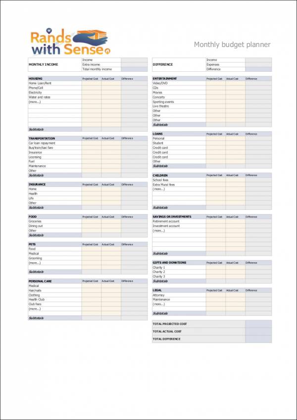 sample budget planner template