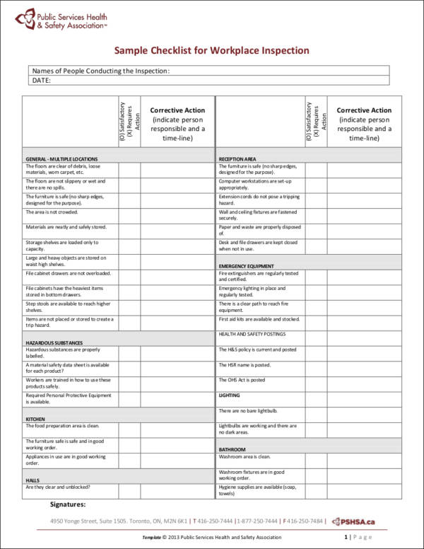 sample checklist for workplace inspection