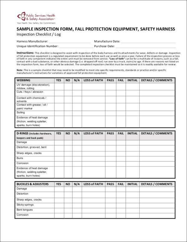 sample fall equipment inspection checklist