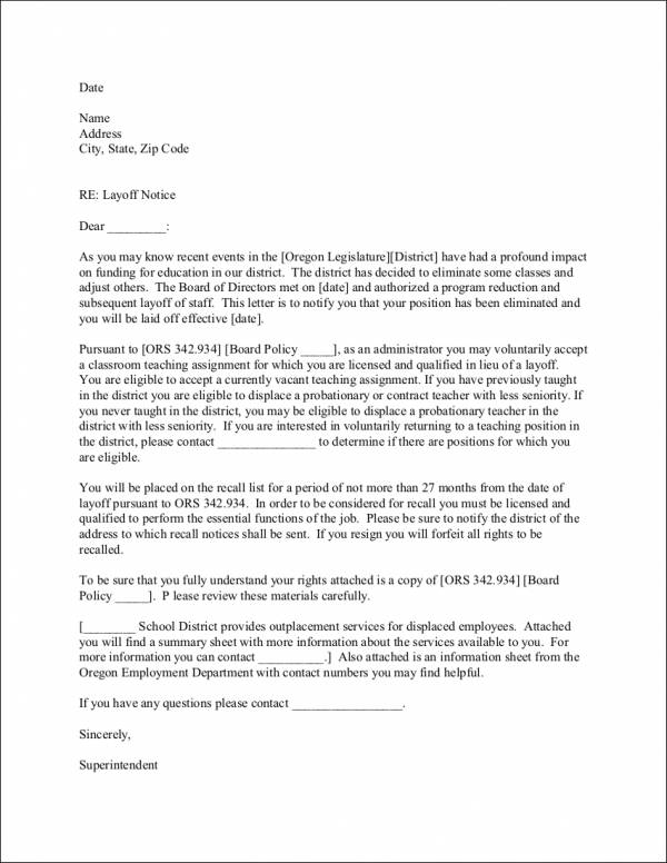 sample layoff notice letter for administrators