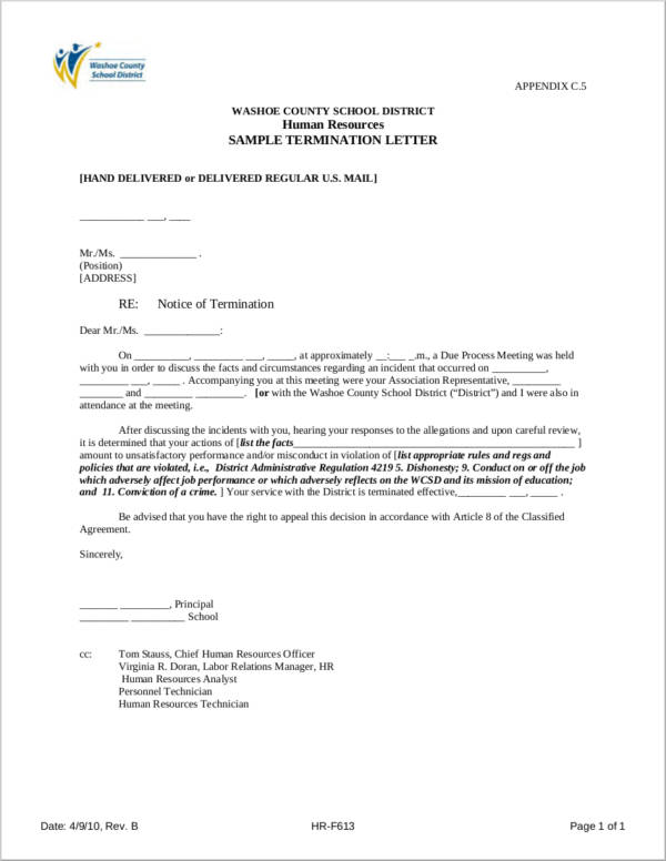 sample notice termination letter
