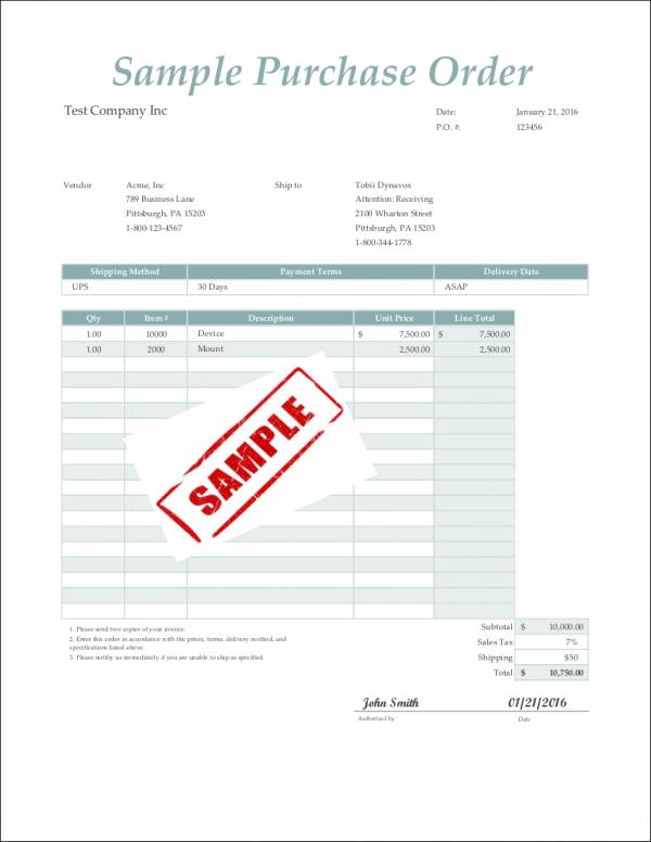 sample purchase order invoice format