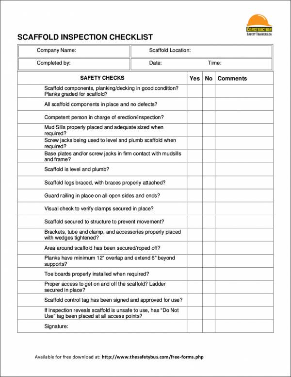 Scaffold Safety Checklist Form