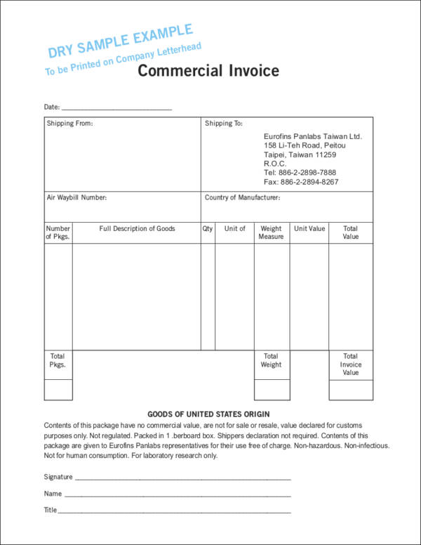 commercial invoice for customs purposes only template