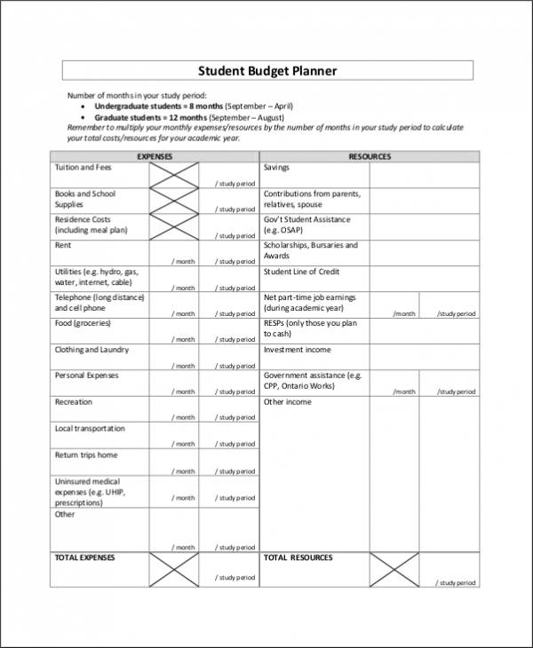 student budget planner template