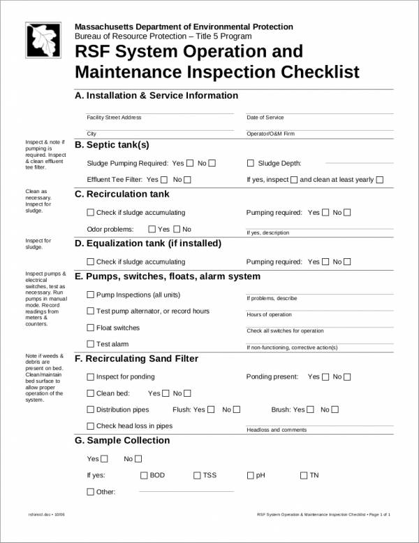 system operation and maintenance inspection checklist