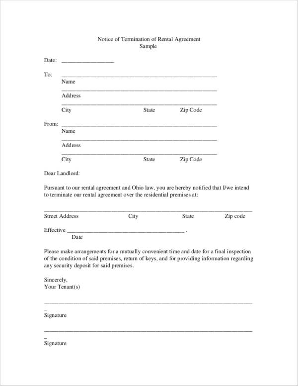 termination letter of rental agreement contract