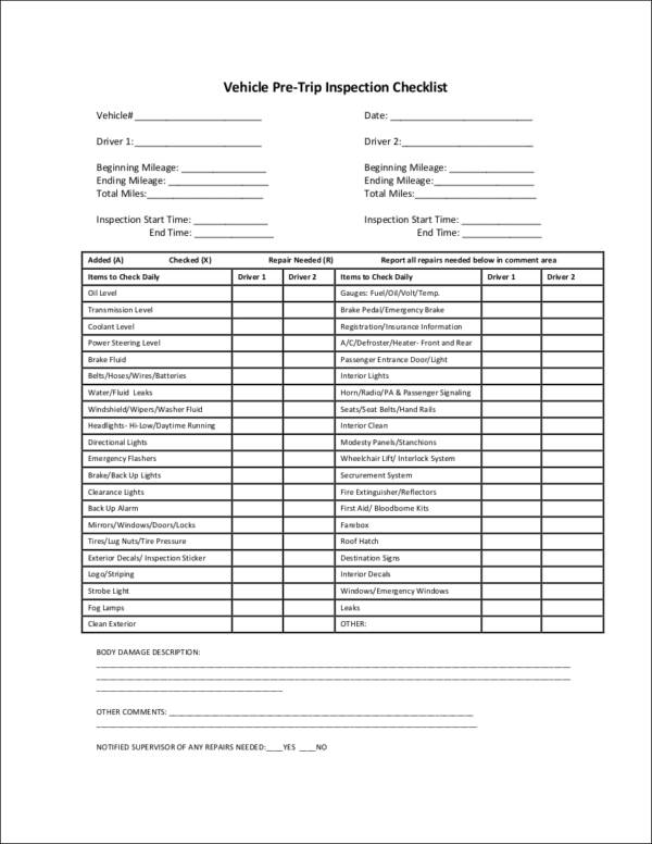 vehicle pre trip inspection checklist sample