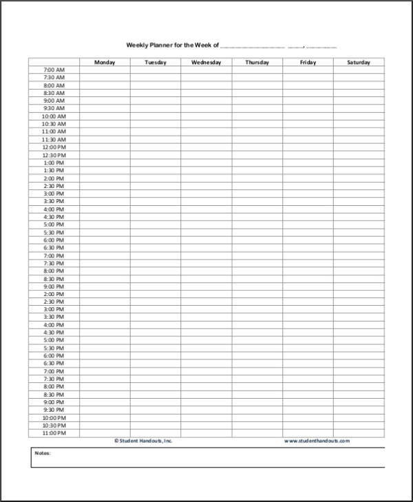 weekly hourly planner template