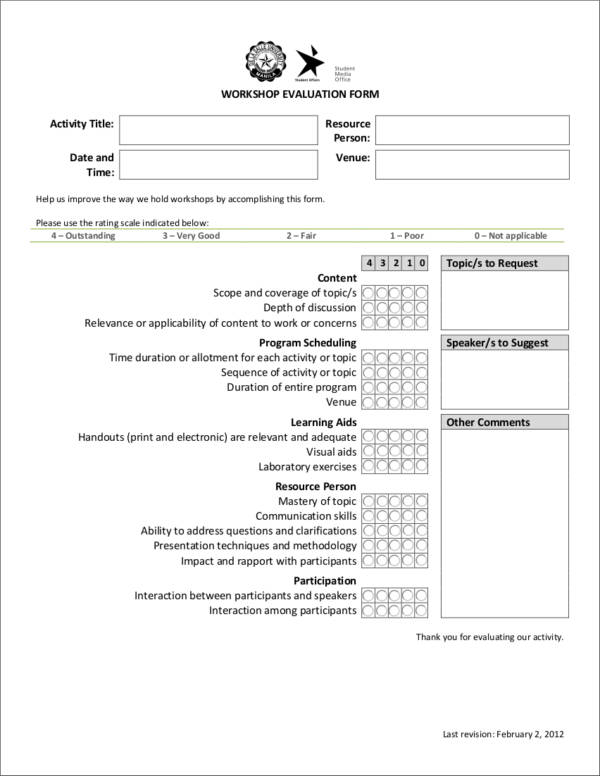workshop activity evaluation form