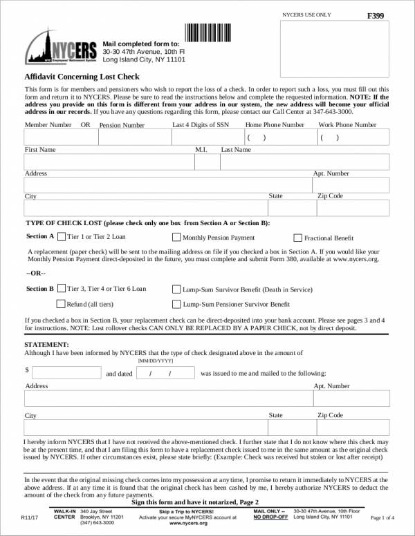 affidavit sample template concerning lost check