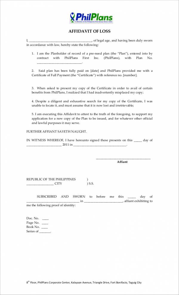 affidavit of loss sample for health insurance plan holder