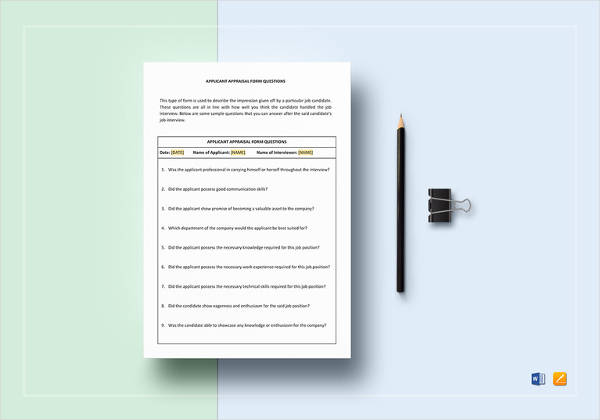 applicant appraisal form questions template