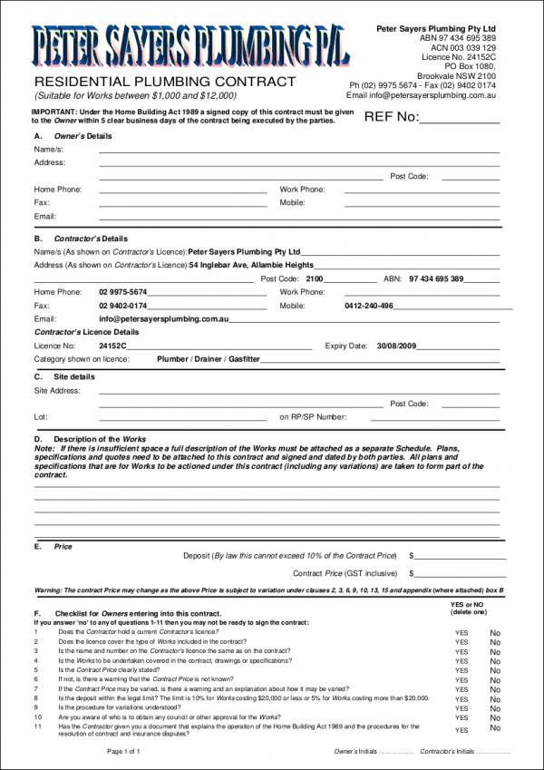 Printable Plumbing Contract Template