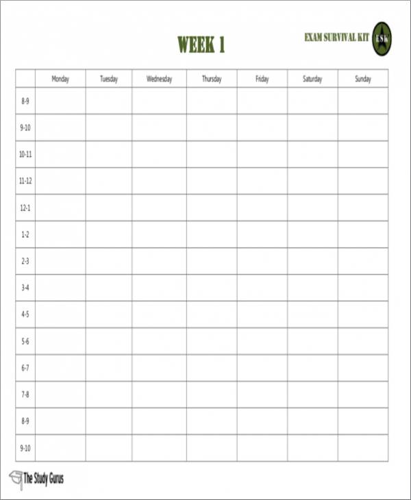 blank study schedule template