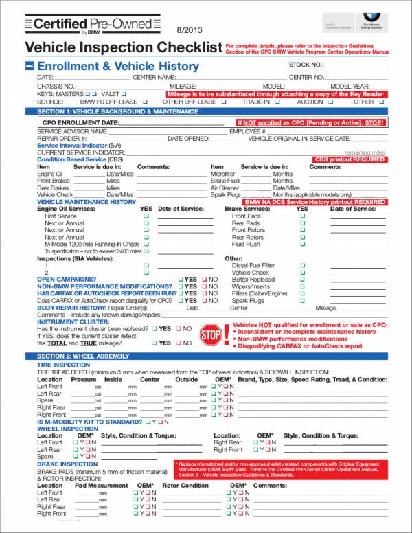 certified pre owned vehicle inspection checklist template