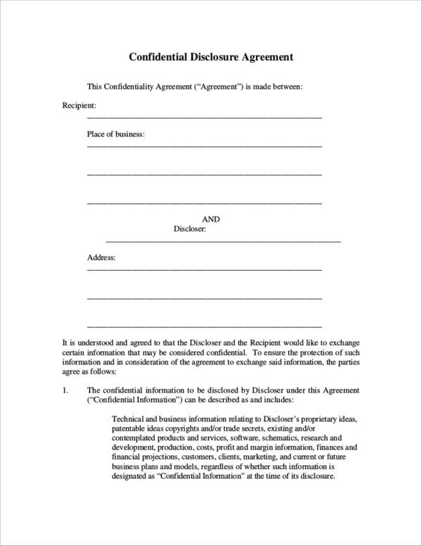 confidential disclosure agreement sample for business