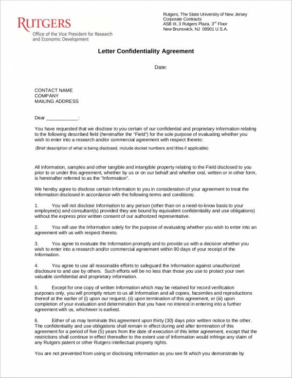 confidentiality agreement sample in letter format