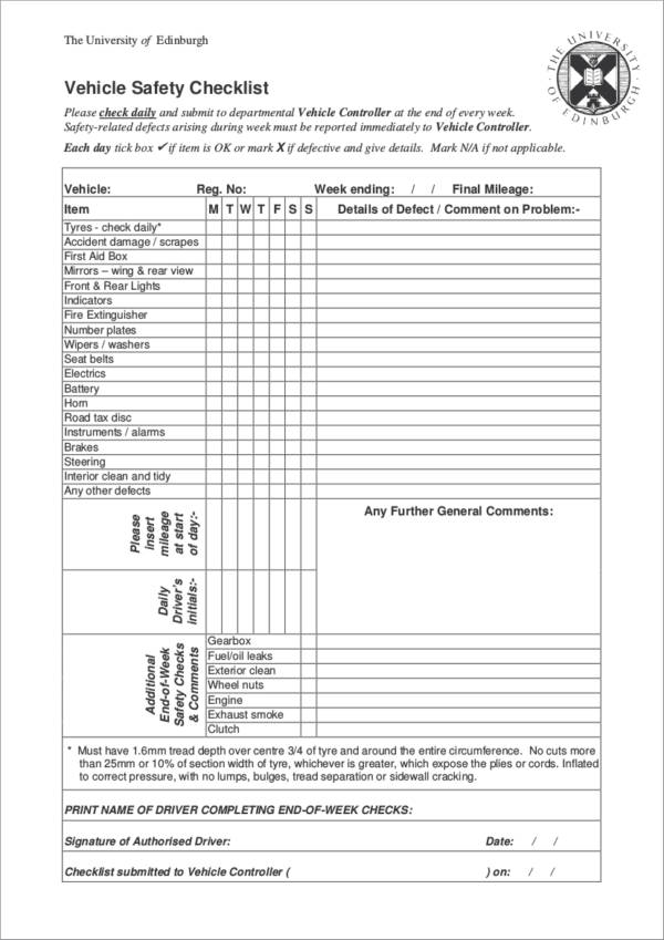 daily vehicle safety checklist template