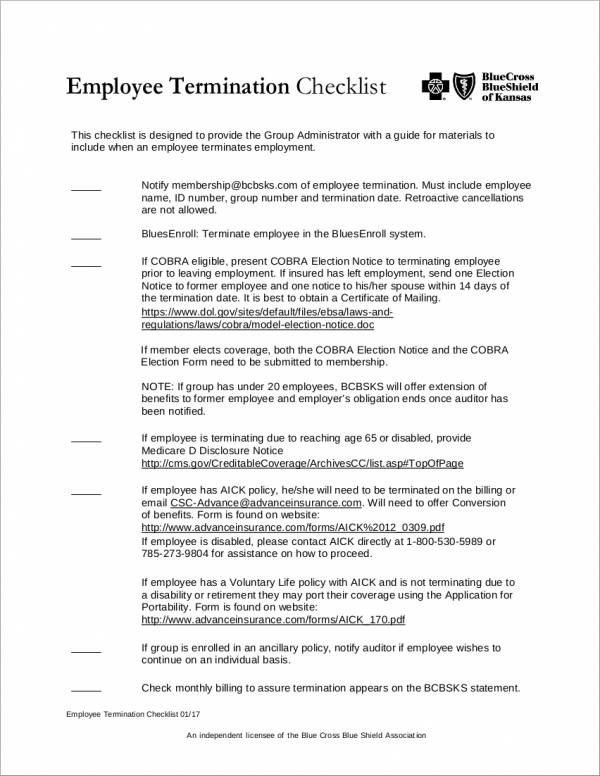 employee termination checklist for group administrator