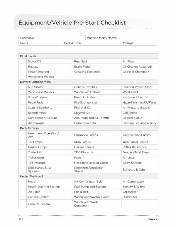 equipment vehicle prestart checklist template