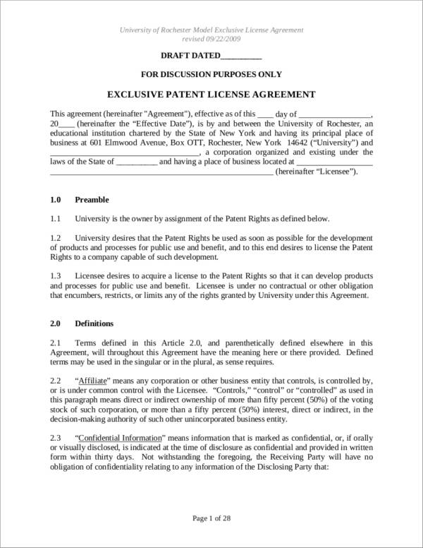 FREE 5  Patent License Agreement Samples Templates in PDF MS Word