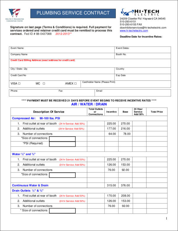 fillable plumbing service contract template