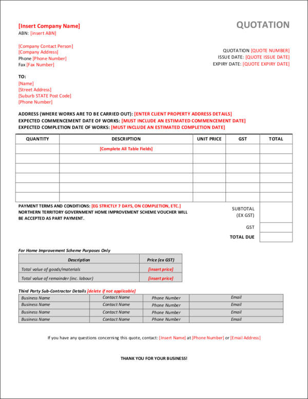 fillable price quotation template