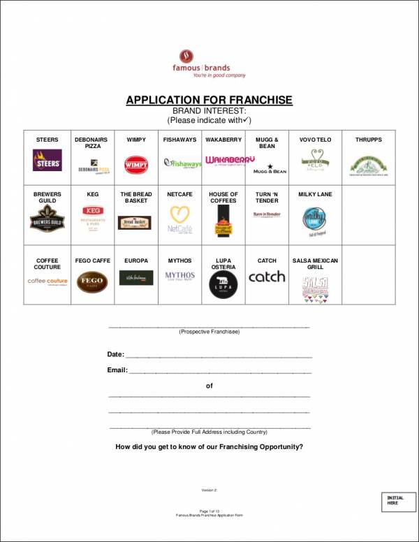 franchise application form sample for famous brands
