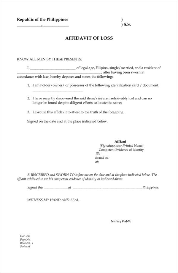 general affidavit of loss blank sample