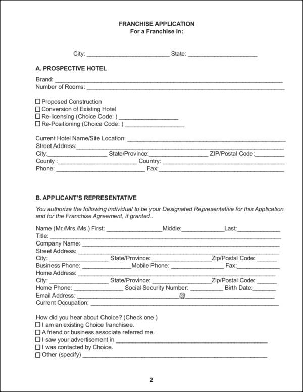 hotel franchise application form sample