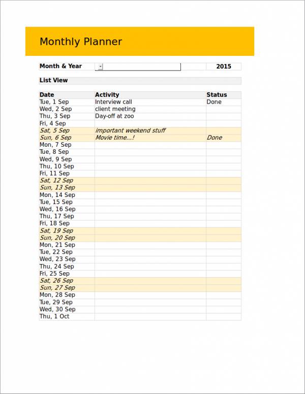 monthly planner template in excel