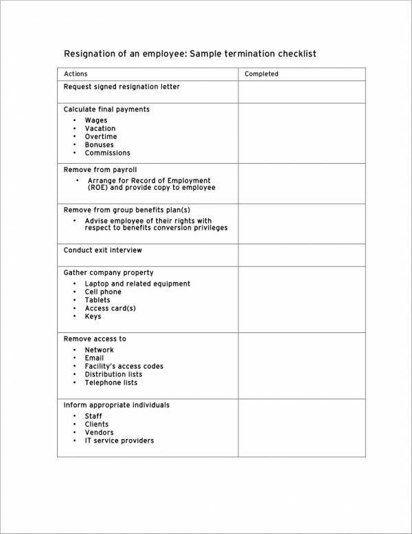 one page termination checklist sample