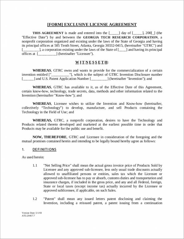 patent license agreement sample template