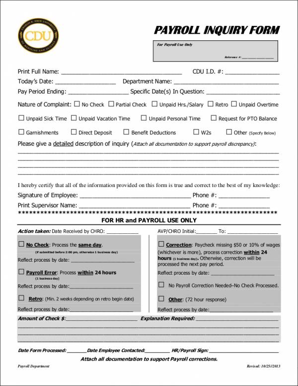 payroll inquiry form template