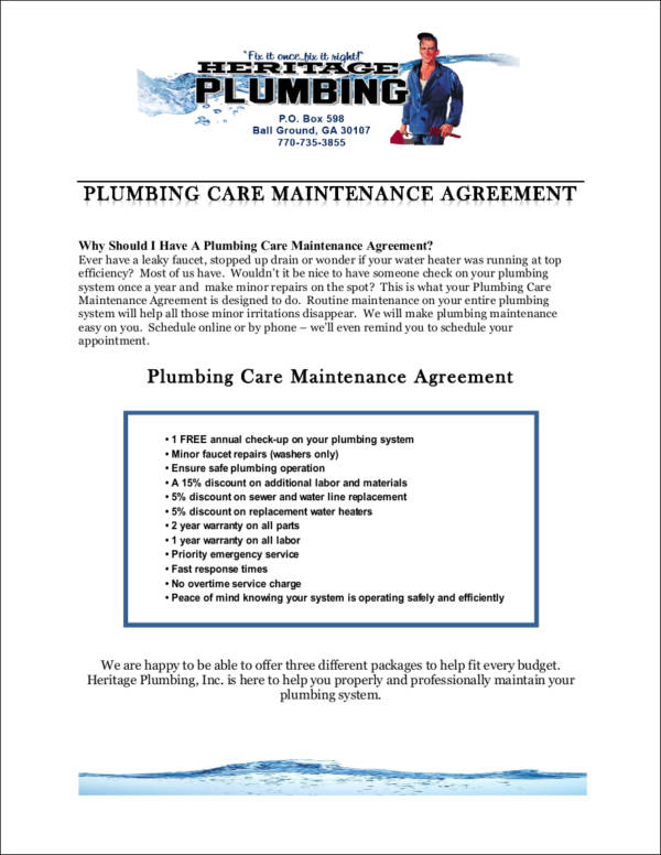 plumbing care maintenance agreement contract